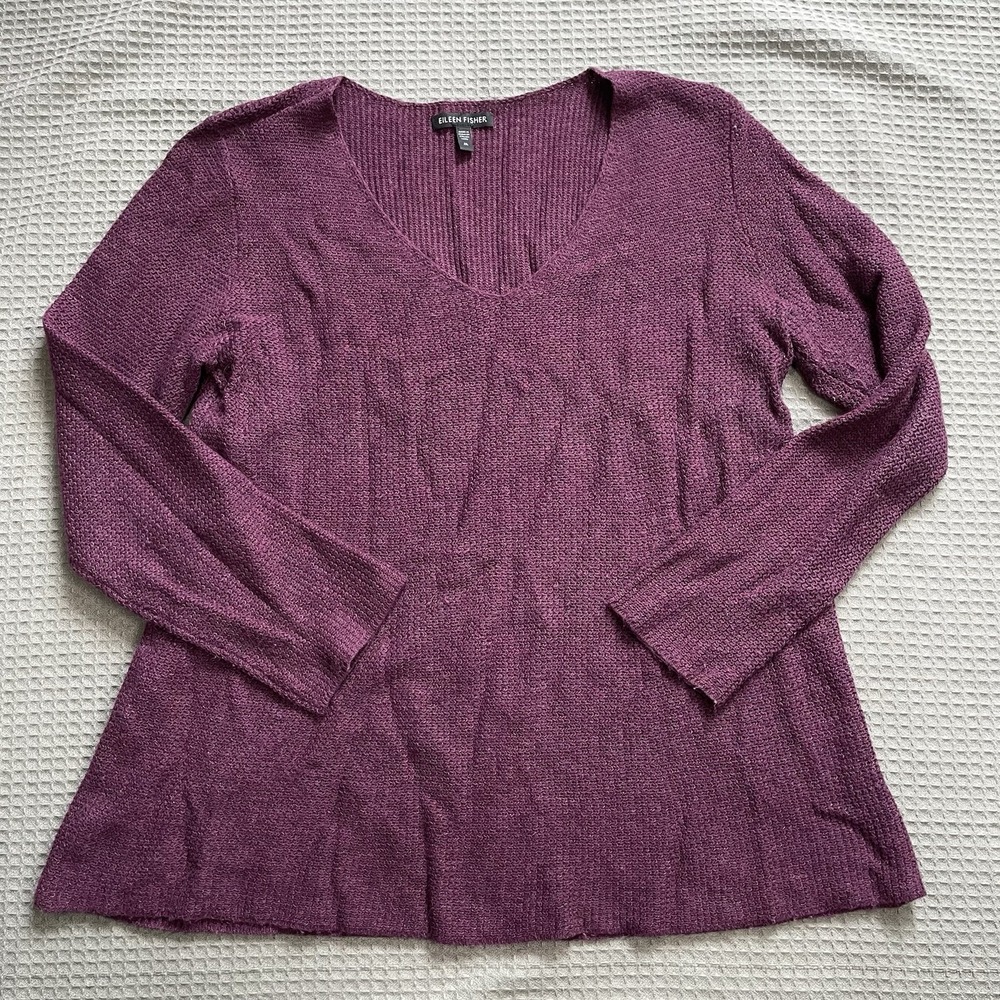 Eileen Fisher Wool Blend Sweater Medium Womens Purple Loose Weave V-Neck